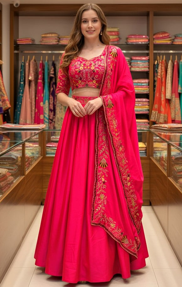 Superb Magenta Color Satin Fabric Party Wear Lehenga