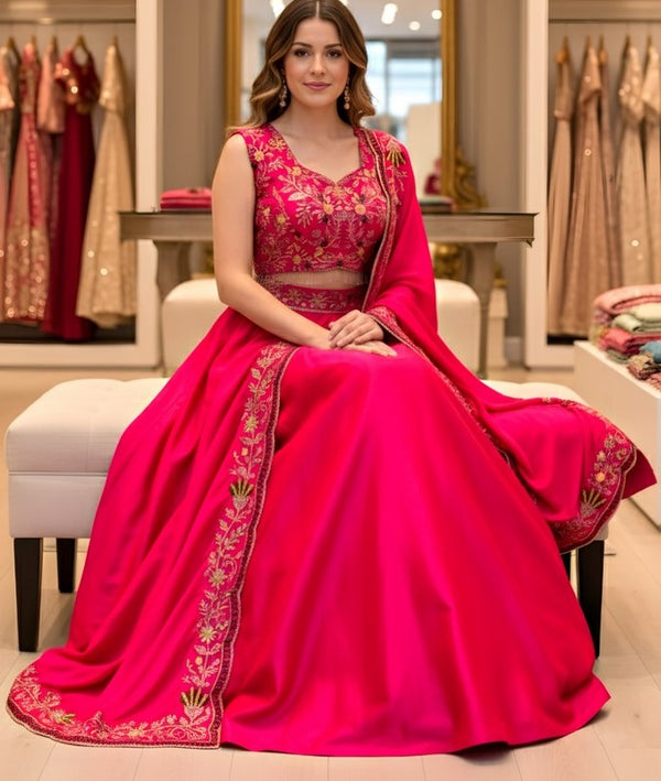 Superb Magenta Color Satin Fabric Party Wear Lehenga