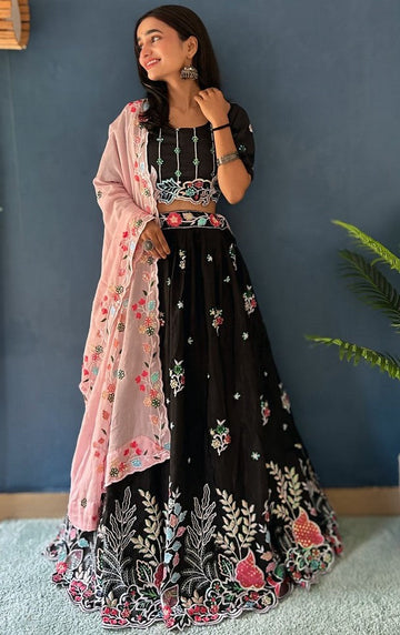 Superb Black Color Chinon Fabric Party Wear Lehenga