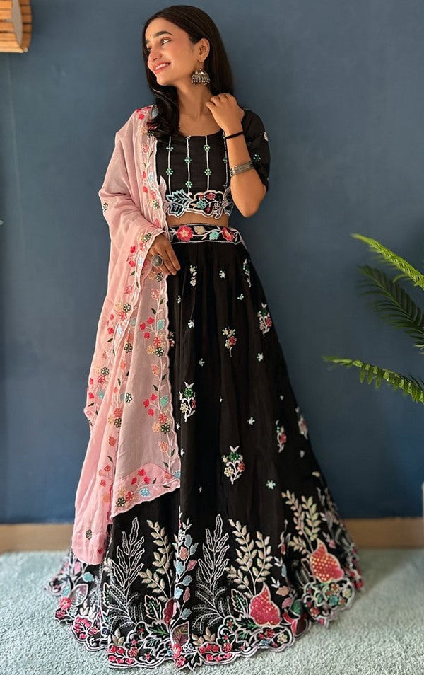 Superb Black Color Chinon Fabric Party Wear Lehenga