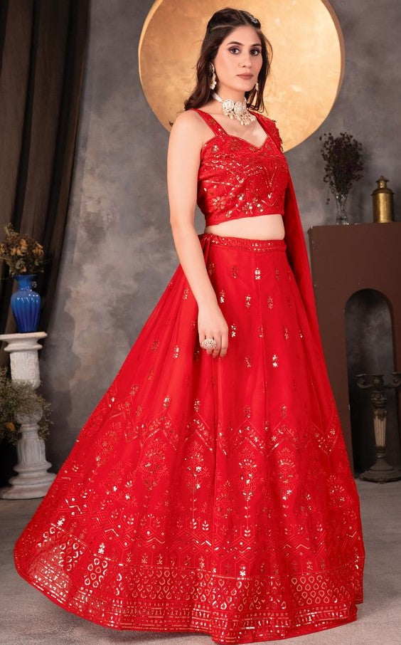 Superb Red Color Georgette  Fabric Party Wear Lehenga