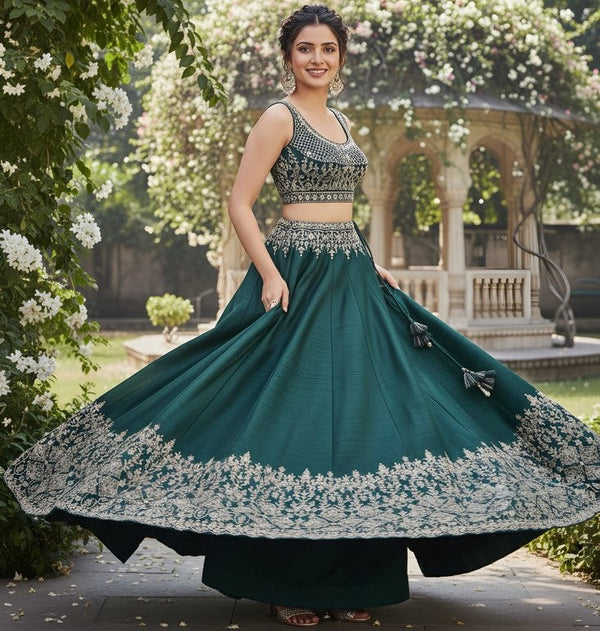 Classy Green Color Silk Fabric Party Wear Lehenga