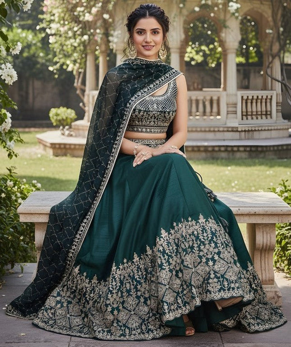 Classy Green Color Silk Fabric Party Wear Lehenga
