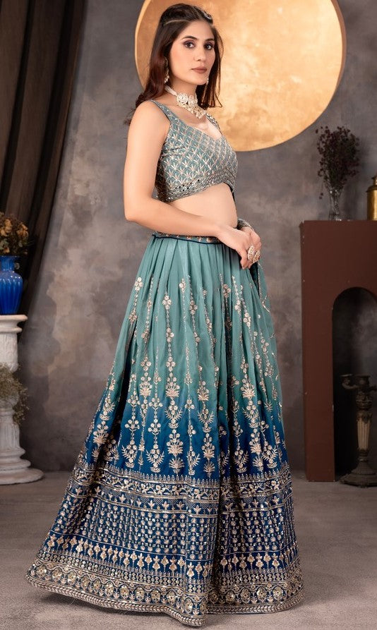 Classy Blue Color Georgette Fabric Party Wear Lehenga