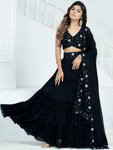 Classy Black Color Georgette Fabric Party Wear Lehenga