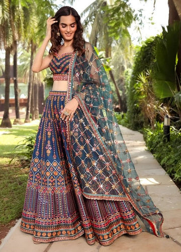 Superb Teal Color Chinon Fabric Party Wear Lehenga