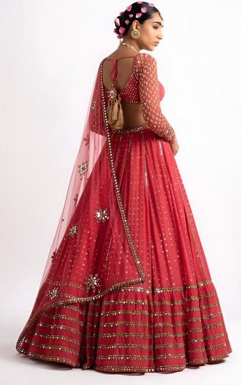 Superb Red Color Georgette Fabric Party Wear Lehenga