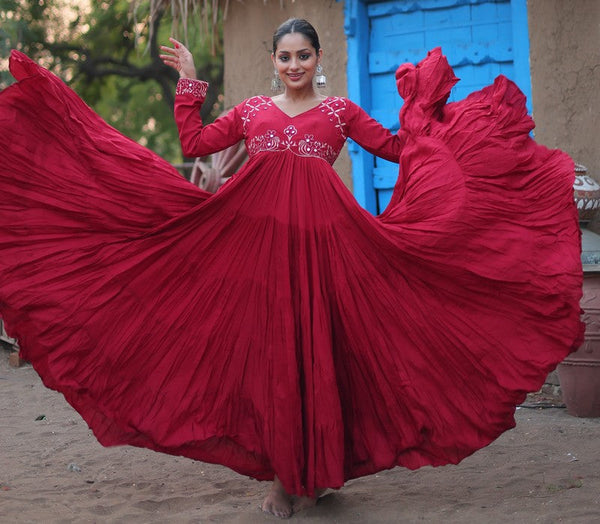 Dazzling Maroon Color Rayon Fabric Gown