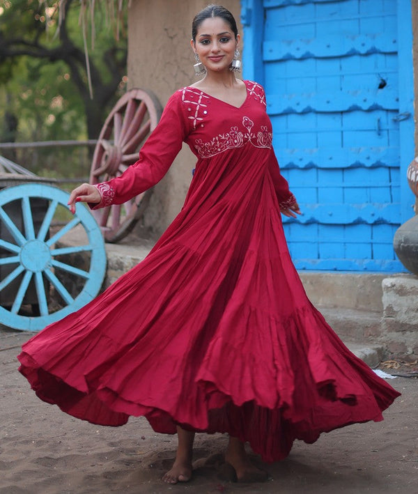 Dazzling Maroon Color Rayon Fabric Gown