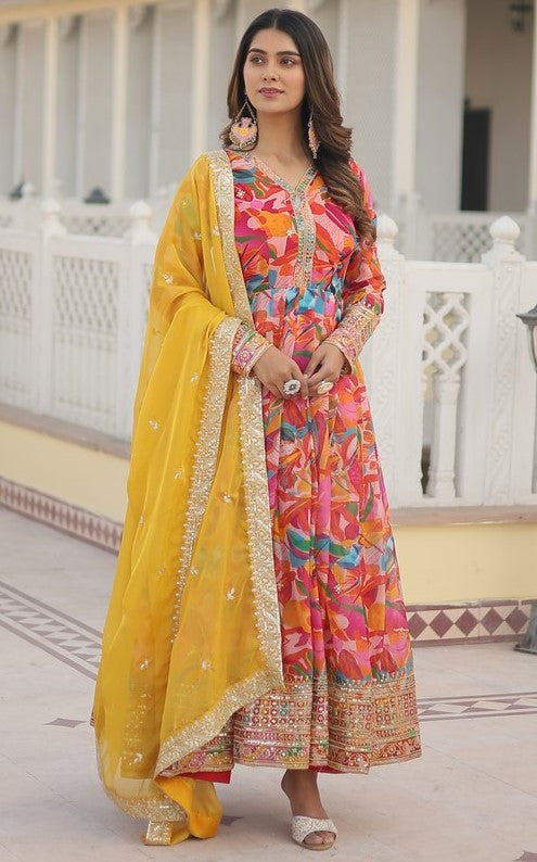 Divine Multi Color Silk Fabric Gown