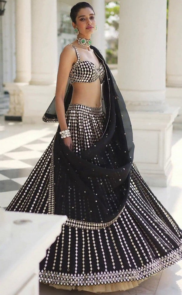 Dazzling Black Color Satin Fabric Wedding Lehenga