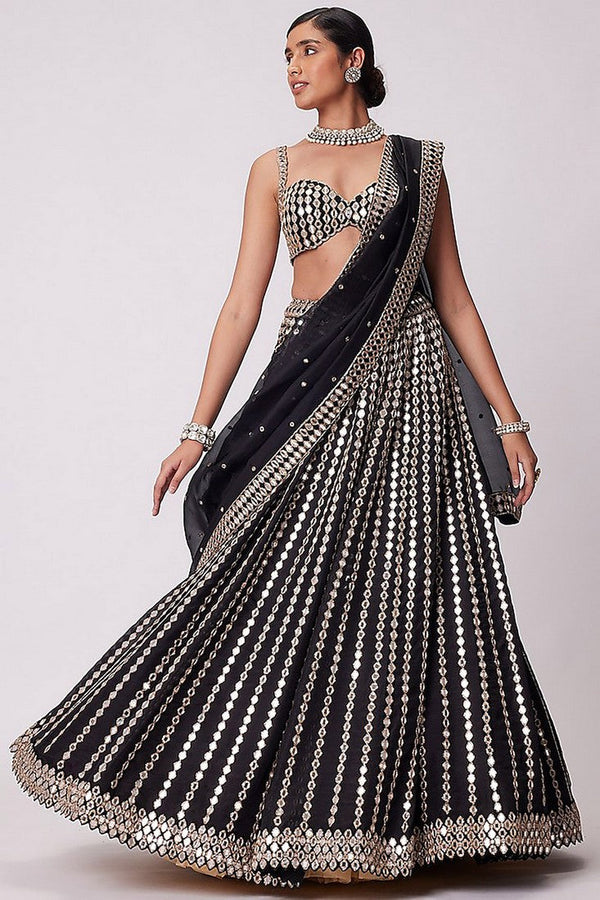 Dazzling Black Color Satin Fabric Wedding Lehenga