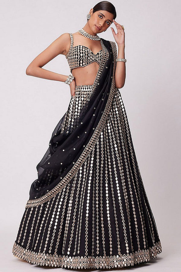 Dazzling Black Color Satin Fabric Wedding Lehenga