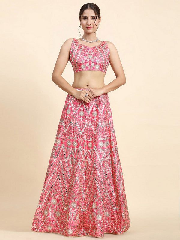 Dazzling Pink Color Satin Fabric Wedding Lehenga