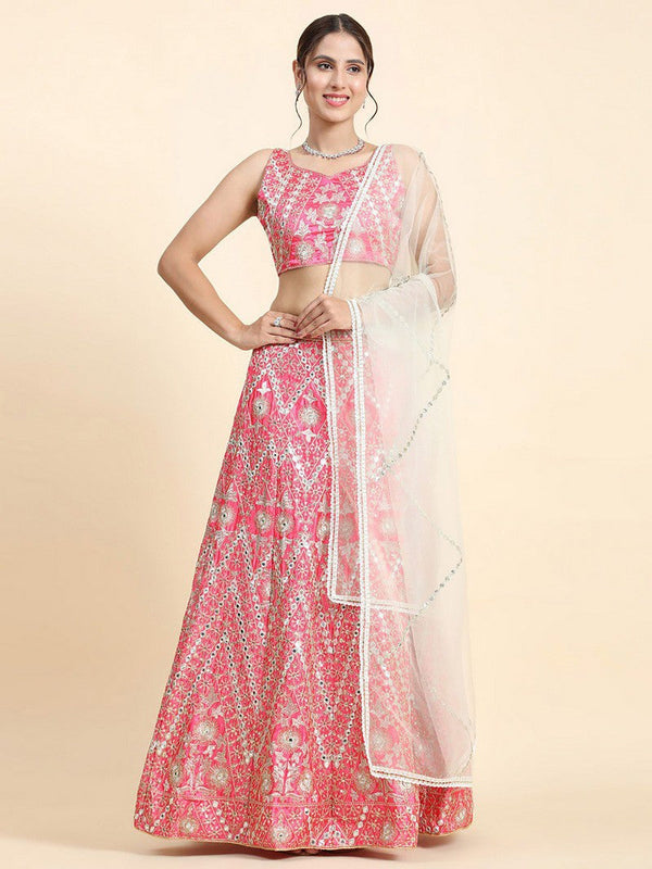 Dazzling Pink Color Satin Fabric Wedding Lehenga