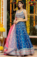 Dazzling Turquoise Color Satin Fabric Wedding Lehenga