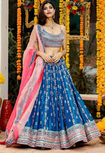 Dazzling Turquoise Color Satin Fabric Wedding Lehenga