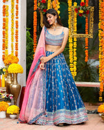 Dazzling Turquoise Color Satin Fabric Wedding Lehenga