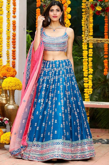 Dazzling Turquoise Color Satin Fabric Wedding Lehenga