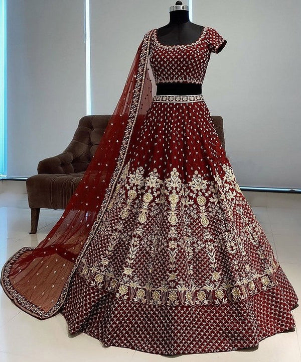 Dazzling Maroon Color Satin Fabric Wedding Lehenga