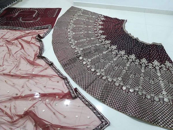 Dazzling Maroon Color Satin Fabric Wedding Lehenga