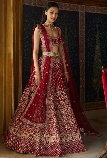 Dazzling Maroon Color Satin Fabric Wedding Lehenga