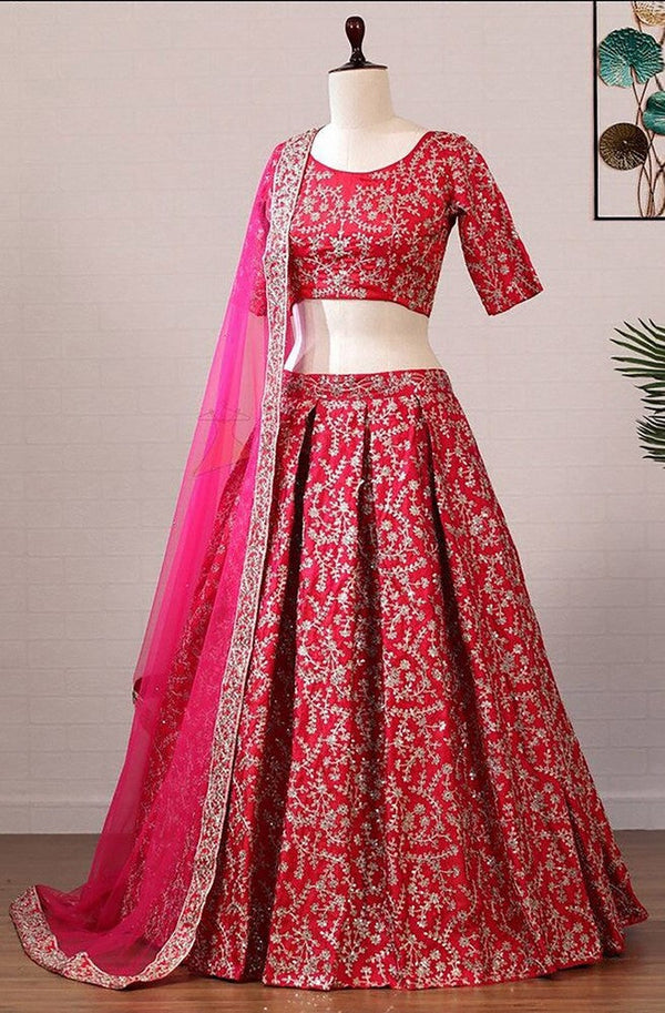 Dazzling Pink Color Satin Fabric Wedding Lehenga