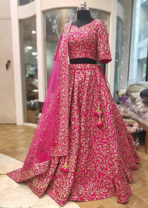 Dazzling Pink Color Satin Fabric Wedding Lehenga