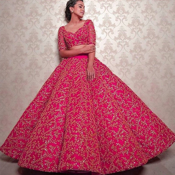 Dazzling Pink Color Satin Fabric Wedding Lehenga