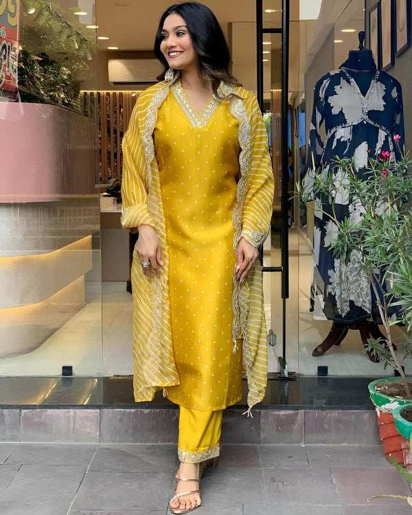 Dazzling Mustard Color Chinon Fabric Designer Suit