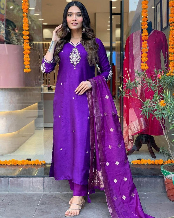 Tempting Purple Color Cotton Fabric Designer Suit