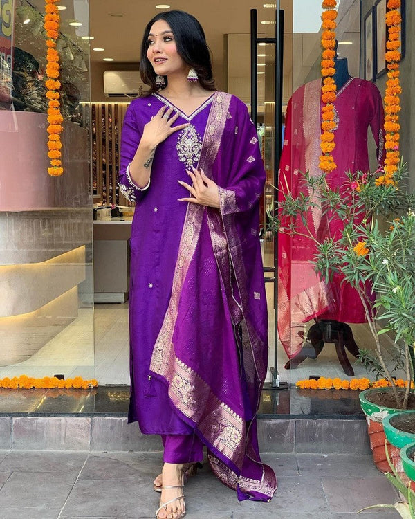 Tempting Purple Color Cotton Fabric Designer Suit