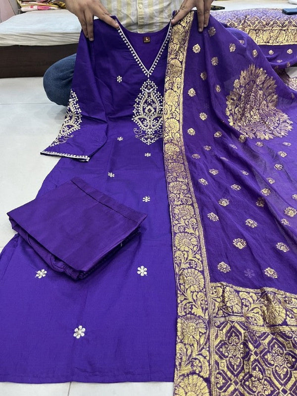 Tempting Purple Color Cotton Fabric Designer Suit