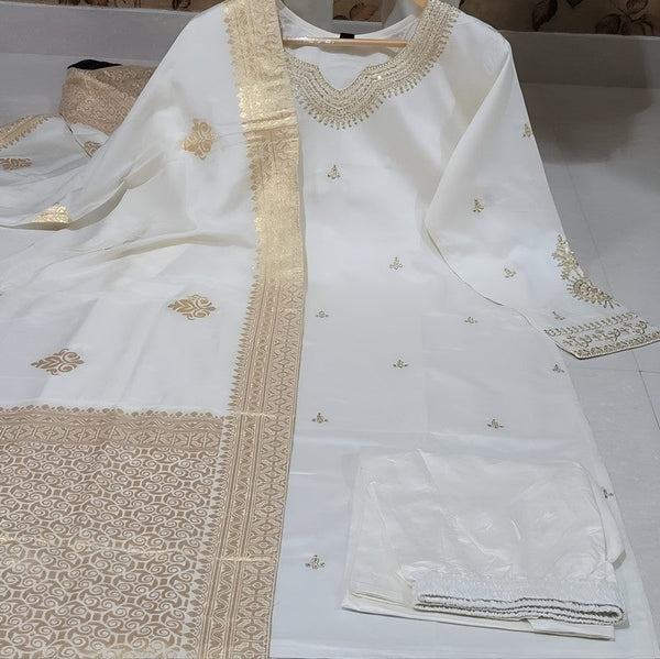 Tempting Cream Color Cotton Fabric Designer Suit