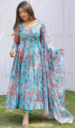 Amazing Turquoise Color Organza Fabric Designer Suit