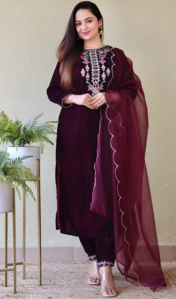 Divine Voilet Color Velvet Fabric Designer Suit