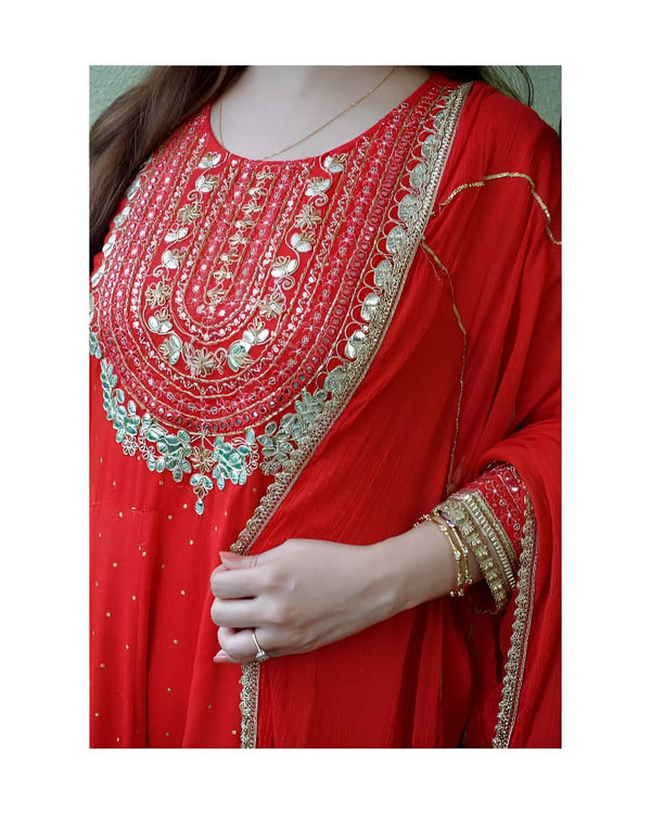 Divine Red Color Rayon Fabric Designer Suit