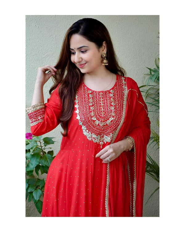 Divine Red Color Rayon Fabric Designer Suit