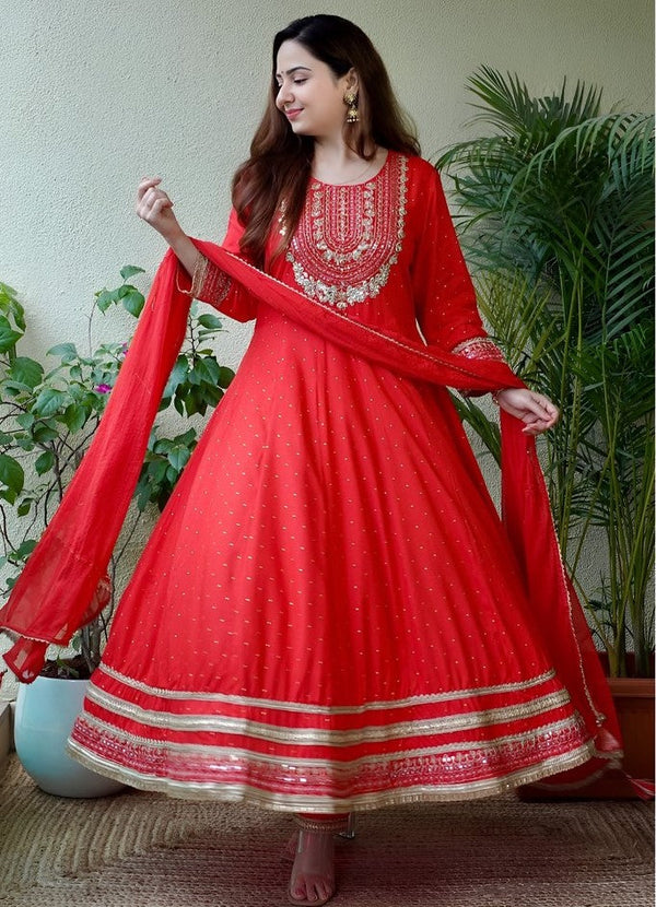 Divine Red Color Rayon Fabric Designer Suit