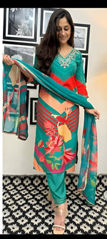 Divine Teal Color Muslin Fabric Designer Suit