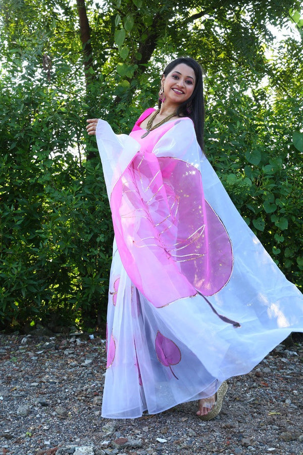 Ideal White Color Organza Fabric Casual Saree