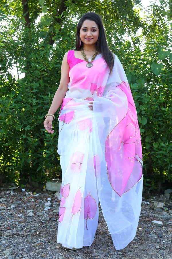 Ideal White Color Organza Fabric Casual Saree