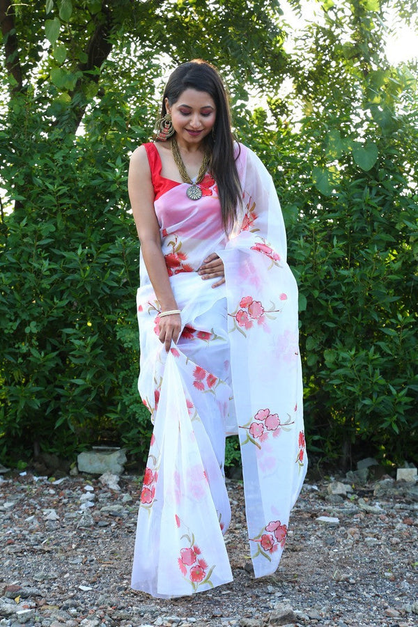 Ideal White Color Organza Fabric Casual Saree