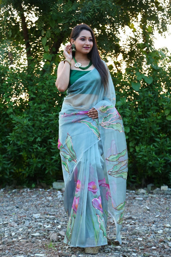 Ideal Green Color Organza Fabric Casual Saree