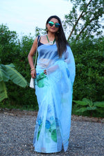 Ideal Aqua Color Organza Fabric Casual Saree