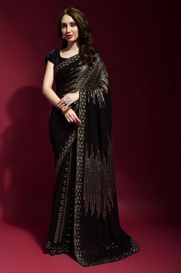 Ideal Black Color Georgette Fabric Partywear Saree