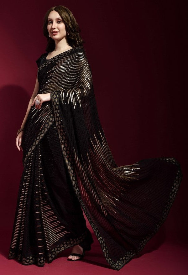 Ideal Black Color Georgette Fabric Partywear Saree