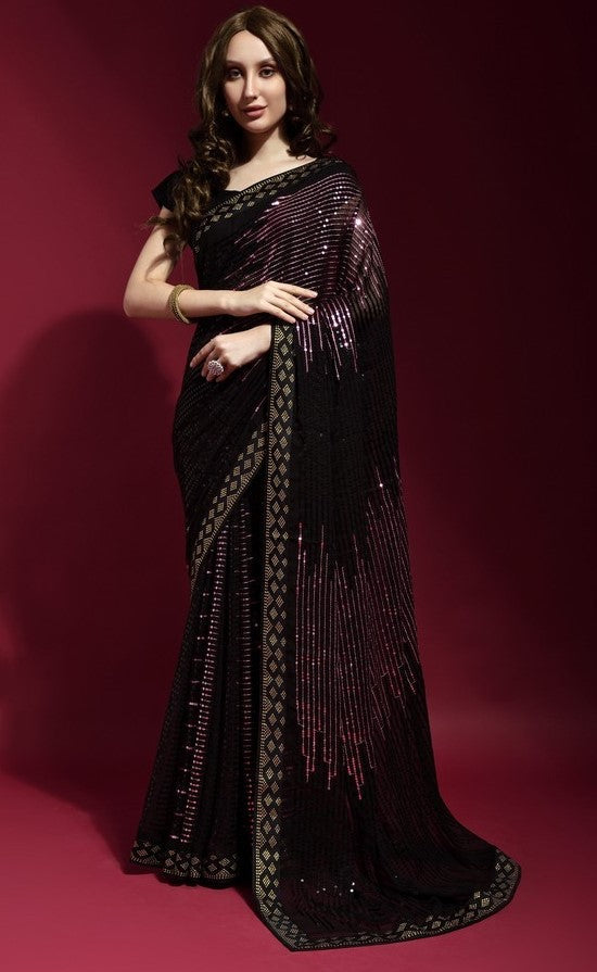 Ideal Black Color Georgette Fabric Partywear Saree