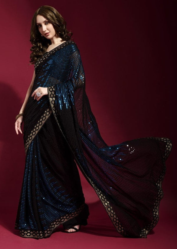 Ideal Black Color Georgette Fabric Partywear Saree