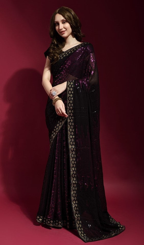 Ideal Black Color Georgette Fabric Partywear Saree